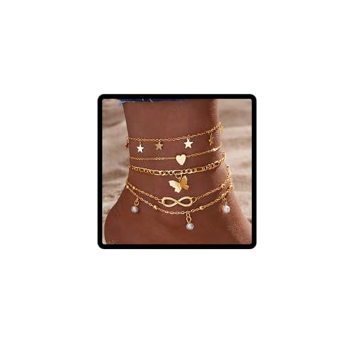 Danshinbow Multilayer Schmetterling Schlange Fußkettchen Strand Perle Fuß Schmuck Einstellbare Schlüsselknöchelkette für Frauen und Mädchen (Gold D) von Danshinbow