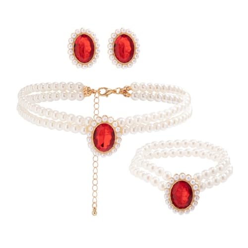 Danshinbow Perle Edelstein Halskette Armbänder und Ohrring Set Kristall Halskette Party Hochzeit Schmuck Sets für Frauen und Mädchen (Rot) von Danshinbow
