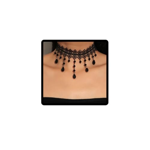 Danshinbow Schwarze Spitze Edelstein Choker Halskette Gothic Halloween Hollow Out Halsketten Oberschenkel Kette Quasten Perlen Halsketten Bein Kette für Frauen und Mädchen (Schwarze Halskette) von Danshinbow