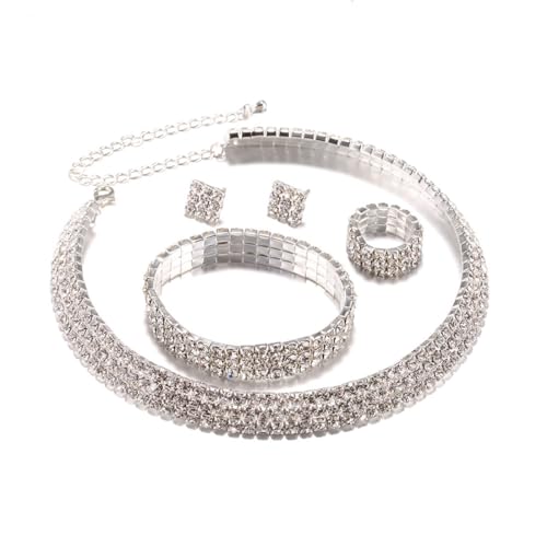 Danshinbow Set mit Strass-Halskette, Armband, Ring und Ohrringen, Kristall-Halskette, Party, Hochzeit, Schmuck-Set für Damen und Mädchen, Metall von Danshinbow