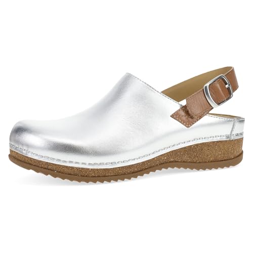 Dansko Merrin Slingback-Mule-Clog für Damen, Dual-Density-Kork/EVA-Zwischensohle und leichte Gummi-Außensohle sorgen für ein komfortables Fahren, patentierte geklammerte Konstruktion, Silberfarben von Dansko