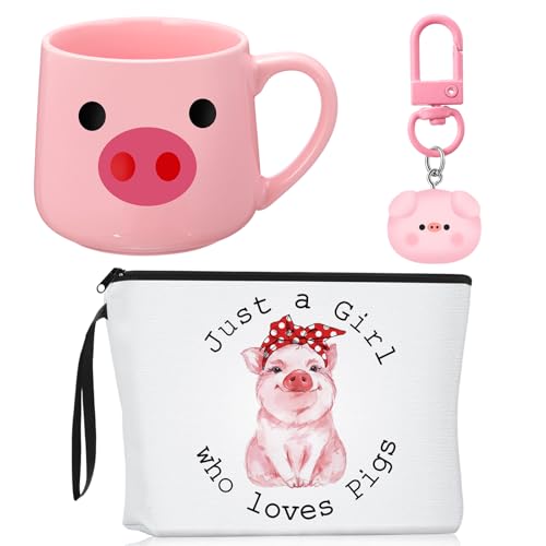 Dansydaisy 3 Stück Schweineliebhaber Geschenke für Frauen Schwein Segeltuch Tasche Niedliches Schwein Make-up Tasche 430 ml Kaffeetasse Keramik Niedliche Tasse Rosa Schwein Schlüsselanhänger Schwein von Dansydaisy