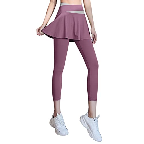 7/8 Länge Leggings mit Rock Damen Tennis Sport Leggings High Waist Caprihose Sportleggings Elastisch Bauchweg Tennisrock Faltenrock mit Hose Rockhose für Yoga Golfkorts Workout Fitness (Rosa, L) von Dantazz