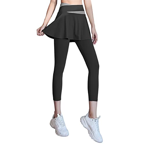 7/8 Länge Leggings mit Rock Damen Tennis Sport Leggings High Waist Caprihose Sportleggings Elastisch Bauchweg Tennisrock Faltenrock mit Hose Rockhose für Yoga Golfkorts Workout Fitness (Schwarz, M) von Dantazz