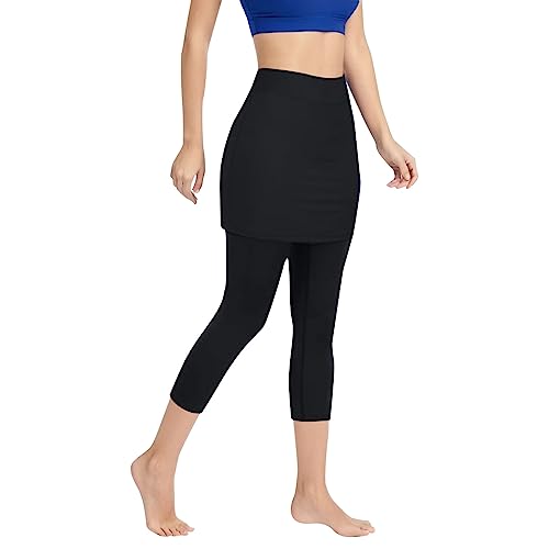 7/8 Länge Leggings mit Rock Damen Tennis Sport Leggings mit Handytasche High Waist Caprihose Sportleggings Elastisch Bauchweg Tennisrock mit Hose Rockhose für Yoga Golfkorts Workout (Schwarz, M) von Dantazz