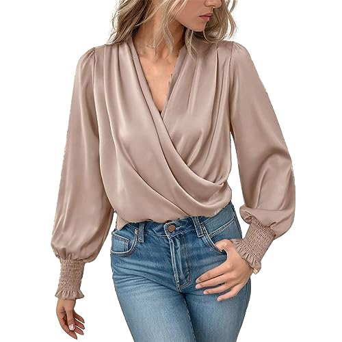 Bluse Damen Langarm V-Ausschnitt Hemd Bluse Elegant Laternenärmel Langarmshirt Herbst Winter Chiffon Blusenshirt Top Lässige Locker Tunika Shirts Oberteile Einfarbig T-Shirt Tuniken (Kaffee, S) von Dantazz