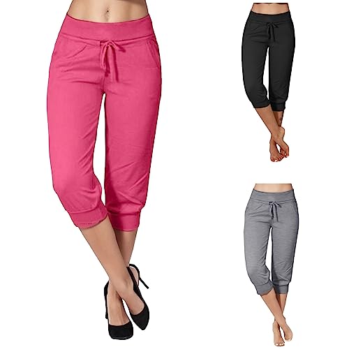 Damen 3/4 Sporthose Stretch Tunnelzug Kurze Hose Baumwolle Sport Fitness Jogginghose Knielang Freizeithose Sommerhose Loose Fit Laufhose Sweathose Casual Capri Hose Trainingshose (Pink, M) von Dantazz