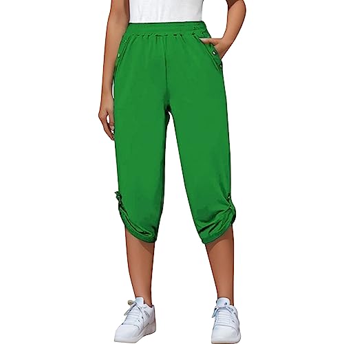 Damen 3/4 Sporthose Stretch Tunnelzug Kurze Hose Baumwolle Sport Fitness Jogginghose Knielang Freizeithose Sommerhose Loose Fit Laufhose Sweathose Casual Capri Hose Trainingshose (W-Grün, M) von Dantazz