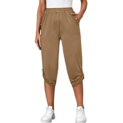 Damen 3/4 Sporthose Stretch Tunnelzug Kurze Hose Baumwolle Sport Fitness Jogginghose Knielang Freizeithose Sommerhose Loose Fit Laufhose Sweathose Casual Capri Hose Trainingshose (W-Khaki, S) von Dantazz