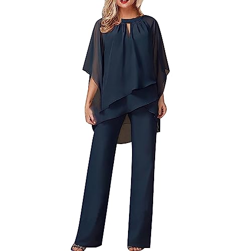 Damen Hosenanzug Elegant 2-Teiliges 3/4 Batwing Ärmel Unregelmäßiger Shirts + Hohe Taille Weites Bein Hose Zweiteiler Sets Hochzeit Festlich Abendanzug Einfarbig Freizeitanzug (X01-Marine, XXXL) von Dantazz