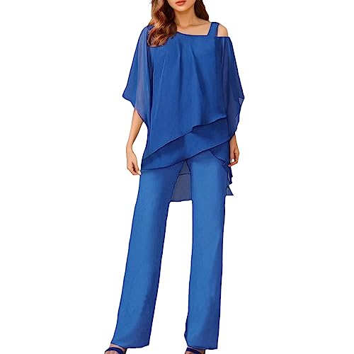 Damen Hosenanzug Elegant 2-Teiliges 3/4 Batwing Ärmel Unregelmäßiger Shirts + Hohe Taille Weites Bein Hose Zweiteiler Sets Hochzeit Festlich Abendanzug Einfarbig Freizeitanzug Outfit (Blau, L) von Dantazz