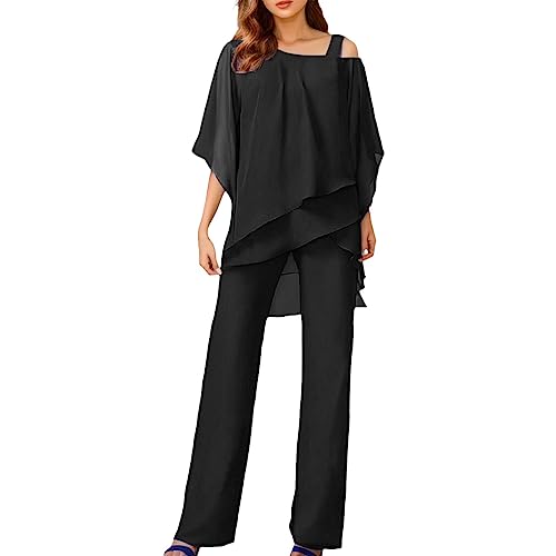 Damen Hosenanzug Elegant 2-Teiliges 3/4 Batwing Ärmel Unregelmäßiger Shirts + Hohe Taille Weites Bein Hose Zweiteiler Sets Hochzeit Festlich Abendanzug Einfarbig Freizeitanzug Outfit (Schwarz, XXXL) von Dantazz