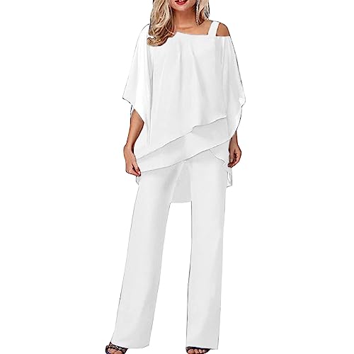 Damen Hosenanzug Elegant 2-Teiliges 3/4 Batwing Ärmel Unregelmäßiger Shirts + Hohe Taille Weites Bein Hose Zweiteiler Sets Hochzeit Festlich Abendanzug Einfarbig Freizeitanzug Outfit (Weiß, M) von Dantazz