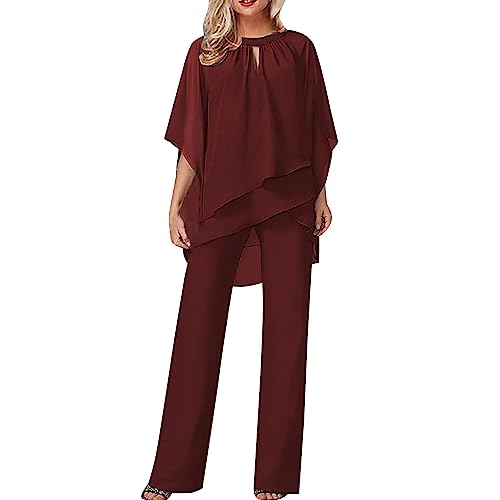 Damen Hosenanzug Elegant 2-Teiliges 3/4 Batwing Ärmel Unregelmäßiger Shirts + Hohe Taille Weites Bein Hose Zweiteiler Sets Hochzeit Festlich Abendanzug Einfarbig Freizeitanzug Outfit (X01#-Rot, XXL) von Dantazz