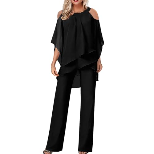 Damen Hosenanzug Elegant 2-Teiliges 3/4 Batwing Ärmel Unregelmäßiger Shirts + Hohe Taille Weites Bein Hose Zweiteiler Sets Hochzeit Festlich Abendanzug Einfarbig Freizeitanzug Outfit (X1-Schwarz, XXL) von Dantazz