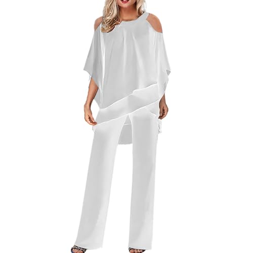 Damen Hosenanzug Elegant 2-Teiliges 3/4 Batwing Ärmel Unregelmäßiger Shirts + Hohe Taille Weites Bein Hose Zweiteiler Sets Hochzeit Festlich Abendanzug Einfarbig Freizeitanzug Outfit (X1-Weiß, XXL) von Dantazz