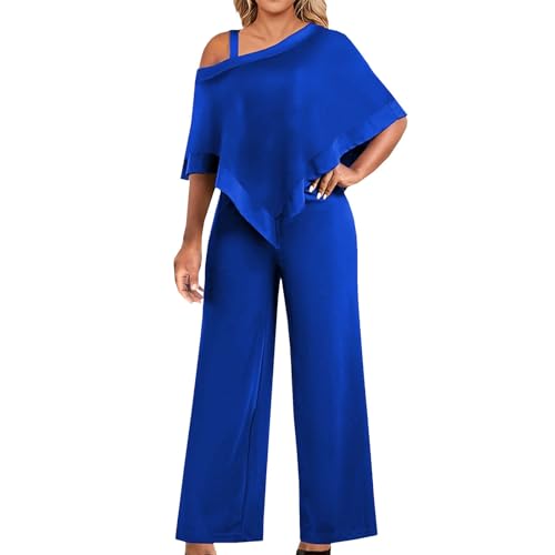 Damen Hosenanzug Elegant 2-Teiliges 3/4 Batwing Ärmel Unregelmäßiger Shirts + Hohe Taille Weites Bein Hose Zweiteiler Sets Hochzeit Festlich Abendanzug Einfarbig Freizeitanzug Outfit (X2-Blau, XXL) von Dantazz