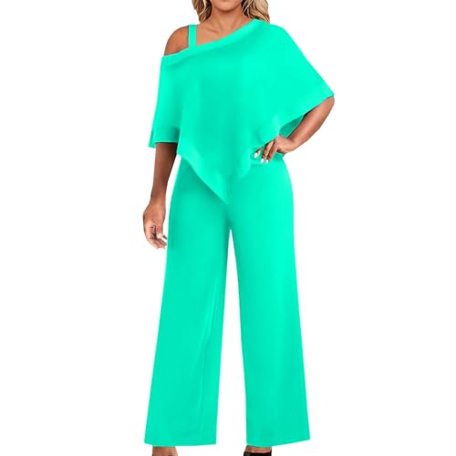 Damen Hosenanzug Elegant 2-Teiliges 3/4 Batwing Ärmel Unregelmäßiger Shirts + Hohe Taille Weites Bein Hose Zweiteiler Sets Hochzeit Festlich Abendanzug Einfarbig Freizeitanzug Outfit (X2-Grün, L) von Dantazz