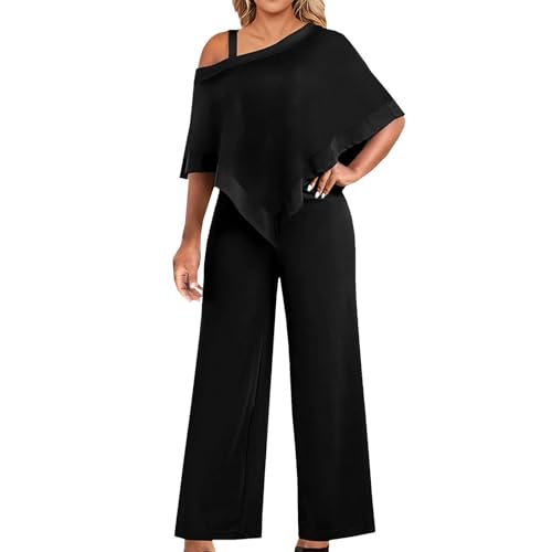 Damen Hosenanzug Elegant 2-Teiliges 3/4 Batwing Ärmel Unregelmäßiger Shirts + Hohe Taille Weites Bein Hose Zweiteiler Sets Hochzeit Festlich Abendanzug Einfarbig Freizeitanzug Outfit (X2-Schwarz, L) von Dantazz