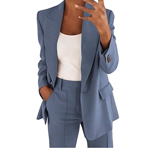 Damen Hosenanzug Zweiteiler Elegant Business Anzug Set 2-Teiliges Revers Büro Blazer und Hohe Taille Hose Slimfit Festlich Sportlich Streetwear Outfit Herbst Anzugjacke und Anzughosen (Blau, XL) von Dantazz