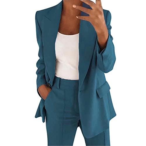 Damen Hosenanzug Zweiteiler Elegant Business Anzug Set 2-Teiliges Revers Büro Blazer und Hohe Taille Hose Slimfit Festlich Sportlich Streetwear Outfit Herbst Anzugjacke und Anzughosen (Blau-1, L) von Dantazz