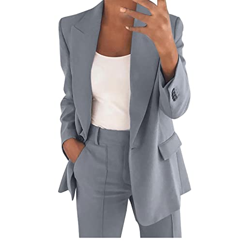 Damen Hosenanzug Zweiteiler Elegant Business Anzug Set 2-Teiliges Revers Büro Blazer und Hohe Taille Hose Slimfit Festlich Sportlich Streetwear Outfit Herbst Anzugjacke und Anzughosen (Grau, L) von Dantazz