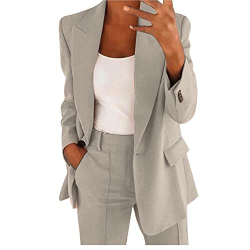 Damen Hosenanzug Zweiteiler Elegant Business Anzug Set 2-Teiliges Revers Büro Blazer und Hohe Taille Hose Slimfit Festlich Sportlich Streetwear Outfit Herbst Anzugjacke und Anzughosen (Hellgrau, L) von Dantazz