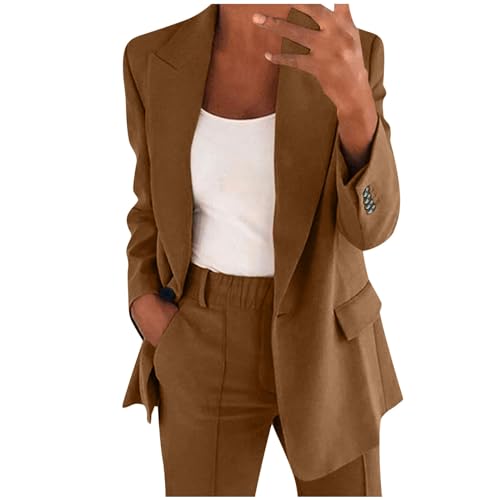 Damen Hosenanzug Zweiteiler Elegant Business Anzug Set 2-Teiliges Revers Büro Blazer und Hohe Taille Hose Slimfit Festlich Sportlich Streetwear Outfit Herbst Anzugjacke und Anzughosen (Kaffee, L) von Dantazz