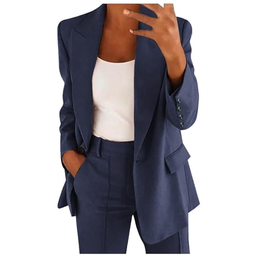 Damen Hosenanzug Zweiteiler Elegant Business Anzug Set 2-Teiliges Revers Büro Blazer und Hohe Taille Hose Slimfit Festlich Sportlich Streetwear Outfit Herbst Anzugjacke und Anzughosen (Marine, XXXXL) von Dantazz