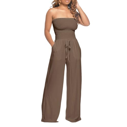 Damen Jumpsuit Sommer Elegant Hosenanzug für Hochzeit Festliche Sexy Schulterfrei Bandeau Overall Lang Weites Bein Spielanzug mit Taschen High Waist Trägerloser Baggy Playsuit Rompers (Braun, M) von Dantazz