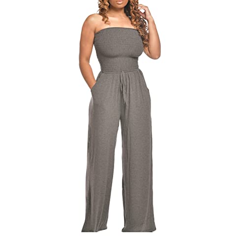 Damen Jumpsuit Sommer Elegant Hosenanzug für Hochzeit Festliche Sexy Schulterfrei Bandeau Overall Lang Weites Bein Spielanzug mit Taschen High Waist Trägerloser Baggy Playsuit Rompers (Grau, S) von Dantazz