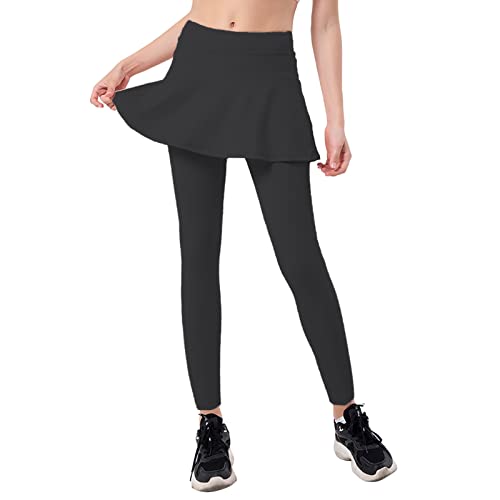 Damen Leggings mit Rock High Waist Sportleggings mit Handytasche Blickdicht Faltenrock Tennisrock mit Hose Elastisch Bauchweg Tennis Sport Leggins Rockhose für Yoga Golfkorts Workout (Schwarz, L) von Dantazz