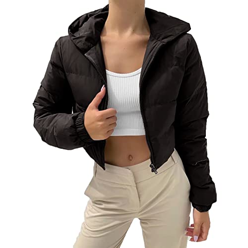 Damen Puffer Jacke Kurz Winterjacke mit Kapuze Winter Warm Steppjacke Gesteppte Dicke Daunenjacke Cropped Jacke Mode Bauchfrei Kapuzenjacke Übergangsjacke Einfarbig Baumwolljacke von Dantazz