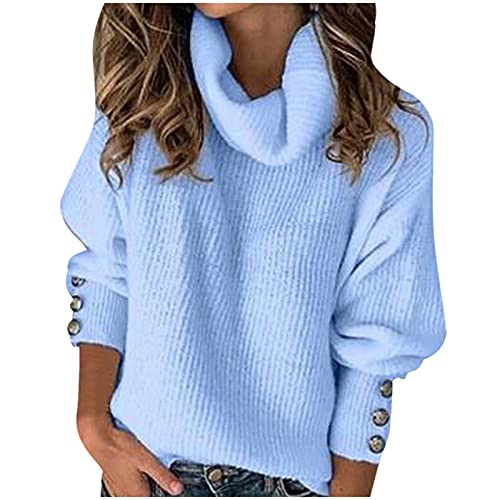 Damen Pullover Rollkragen Strickpullover Rollkragenpulli Winter Rollkragenpullover mit Zierknöpfe Strickpulli Strickwaren Langarm Oberteile Tops Zopfmuster Winterpullover (Himmelblau, L) von Dantazz