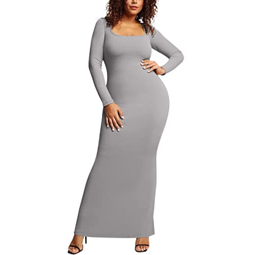 Dantazz Damen 8 in 1 Bodycon Kleid Lang Langarm Shapewear Maxikleid Elegant Figurbetontes Abendkleider, Formende Bodys Cocktailkleid Hüfte Wickeln Bleistiftkleid für Hochzeit Party (Grau, M) von Dantazz