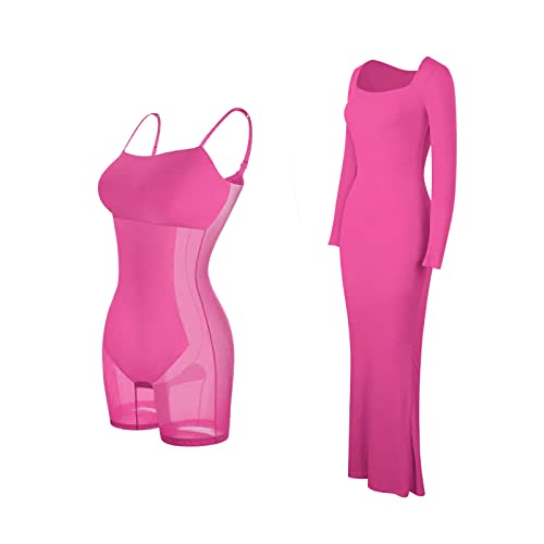 Dantazz Damen 8 in 1 Bodycon Kleid Lang Langarm Shapewear Maxikleid Elegant Figurbetontes Abendkleider, Formende Bodys Cocktailkleid Hüfte Wickeln Bleistiftkleid für Hochzeit Party (Rosa Pink, S) von Dantazz