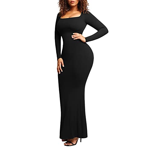 Dantazz Damen 8 in 1 Bodycon Kleid Lang Langarm Shapewear Maxikleid Elegant Figurbetontes Abendkleider, Formende Bodys Cocktailkleid Hüfte Wickeln Bleistiftkleid für Hochzeit Party (Schwarz, XXL) von Dantazz