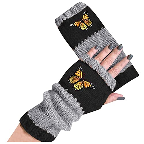 Dantazz Damen Handschuhe Fingerlose Strick Handschuhe mit Daumenloch Warm Winterhandschuhe Pulswärmer Schmetterling Druck Halbfinger Handschuhe Retro Farbblock Handschuhe Geschenk (Schwarz, onesize) von Dantazz