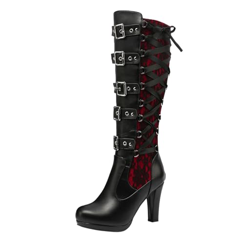 Dantazz Damen Overknees Stiefel Winterstiefel Kniehohe Stiefel mit Absatz Gothic Langschaft Stiefel Leder Hohe Stiefel Schlupfstiefel Mode Frauen Schnürstiefel Cosplay Damenschuhe (T-Rot, 38) von Dantazz