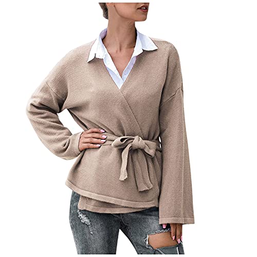 Dantazz Damen Pullover Strickjacke Strickpullover V-Ausschnitt Wickelpullover mit Gürtel Wickeljacke Herbst Winter Strickcardigan Langarm Sweatshirt Casual Knitwear Strickoberteile (Khaki, OneSize) von Dantazz