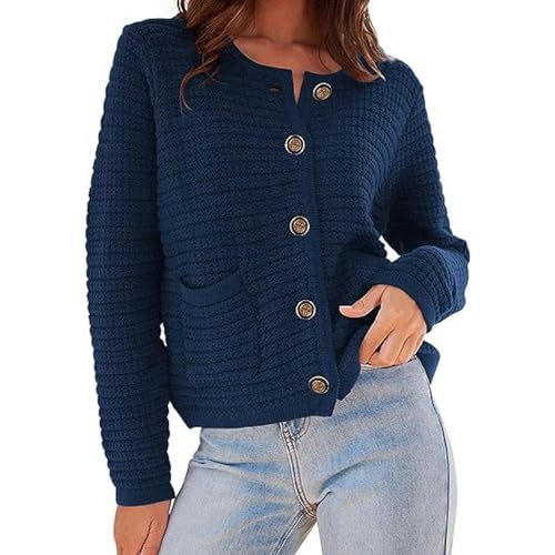 Dantazz Damen Strickjacke Kurz Wollcardigan Warm V-Ausschnitt Strickcardigan Mode Einfarbig Strickpullover mit Knopf Herbst Winter Strick Cardigan Oberteil Elegant Pullover Tops (T-Marine, M) von Dantazz