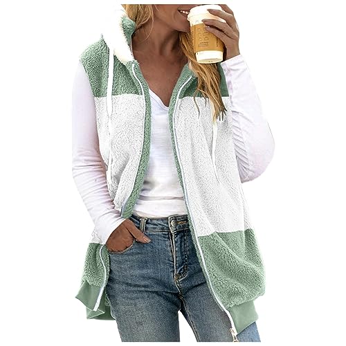 Dantazz Fleeceweste Damen Plüschweste mit Kapuze Kunstfell Teddy Fleece Hoodie Westen Outwear Bequem Ärmellos Cardigan Jacke Herbst Winter Übergangsweste Casual Einfarbige Flauschig (T1-Minzgrün, XL) von Dantazz