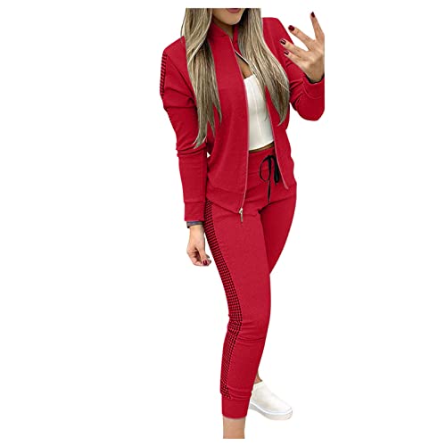 Dantazz Jogginganzug Damen Pailletten Trainingsanzug Zweiteiler Bomberjacke + Slim Hose Set Stehkragen Zipper Jacke Tracksuit mit Glitzer Fashion Sportanzug Streetwear Lässige Hausanzug (01-Rot, S) von Dantazz