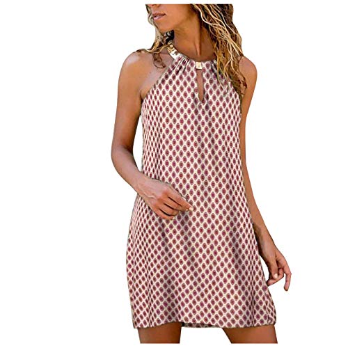 Dantazz Kleider Damen Kurz Sommerkleider Sommer Ärmelloses Schulterfrei Kleid Neckholder Sexy Kleid Lässiges Bedruckt Strandkleider Locker Freizeitkleid Sleeveless Dress (Pink, XL) von Dantazz