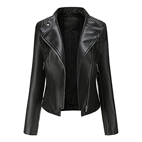 Dantazz Lederjacke Damen Bomberjacke Wasserdicht Motorradjacke Kunstlederjacke mit Reißverschluss Retro Kurz Jacke Biker-Style Lederbluse Winddicht Jacke Einfarbig Übergangsjacke (Schwarz, XL) von Dantazz