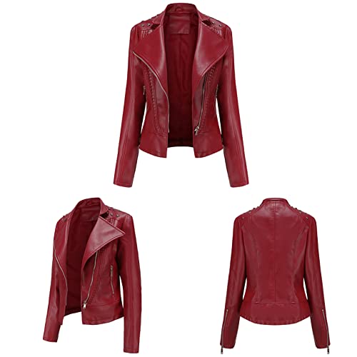 Dantazz Lederjacke Damen Bomberjacke Wasserdicht Motorradjacke Kunstlederjacke mit Reißverschluss Retro Kurz Jacke Biker-Style Lederbluse Winddicht Jacke Einfarbig Übergangsjacke (Weinrot, XL) von Dantazz