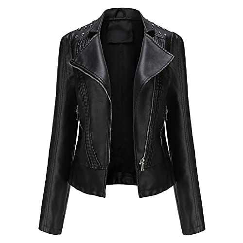 Dantazz Lederjacke Damen Wasserdicht Motorradjacke Bomberjacke Slim Kunstlederjacke mit Reißverschluss Retro Kurz Jacke Biker-Style Winddicht Jacke Einfarbig Niet Übergangsjacke (Schwarz, S) von Dantazz