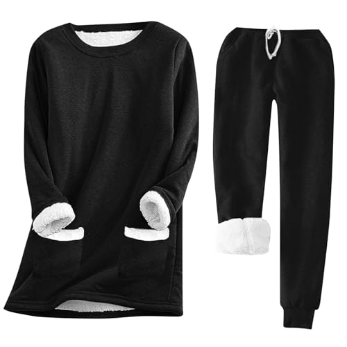 Dantazz Pullover Sets für Damen Teddyfleece Gefüttert Pulli Tops Zweiteiler Herbst Winter Plüsch Sweatshirts Fleecehose Hausanzug Warme Langarmshirt Outfit Einfarbig Thermounterwäsche (X-Schwarz, L) von Dantazz