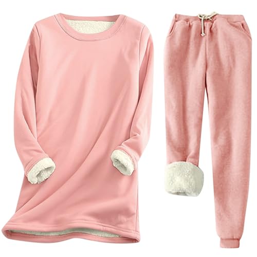 Dantazz Pullover Sets für Damen Teddyfleece Gefüttert Pulli Tops Zweiteiler Herbst Winter Plüsch Sweatshirts und Fleecehose Hausanzug Warme Langarmshirt Outfit Einfarbig Thermounterwäsche (Rosa, XL) von Dantazz