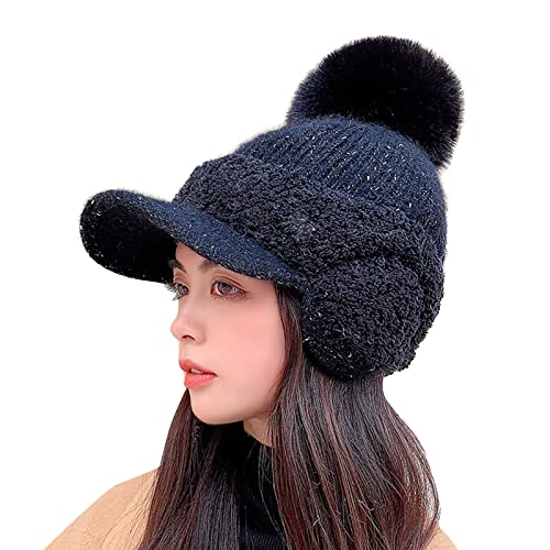 Dantazz Wintermütze für Damen Mädchen Bommelmütze mit Schirm Winter Warme Strickmütze mit Ohrenklappen Visor Thermo Mütze Gestrickte Sonnenschutz Schirmmütze Ohrschutz Wollemütze (Schwarz, OneSize) von Dantazz